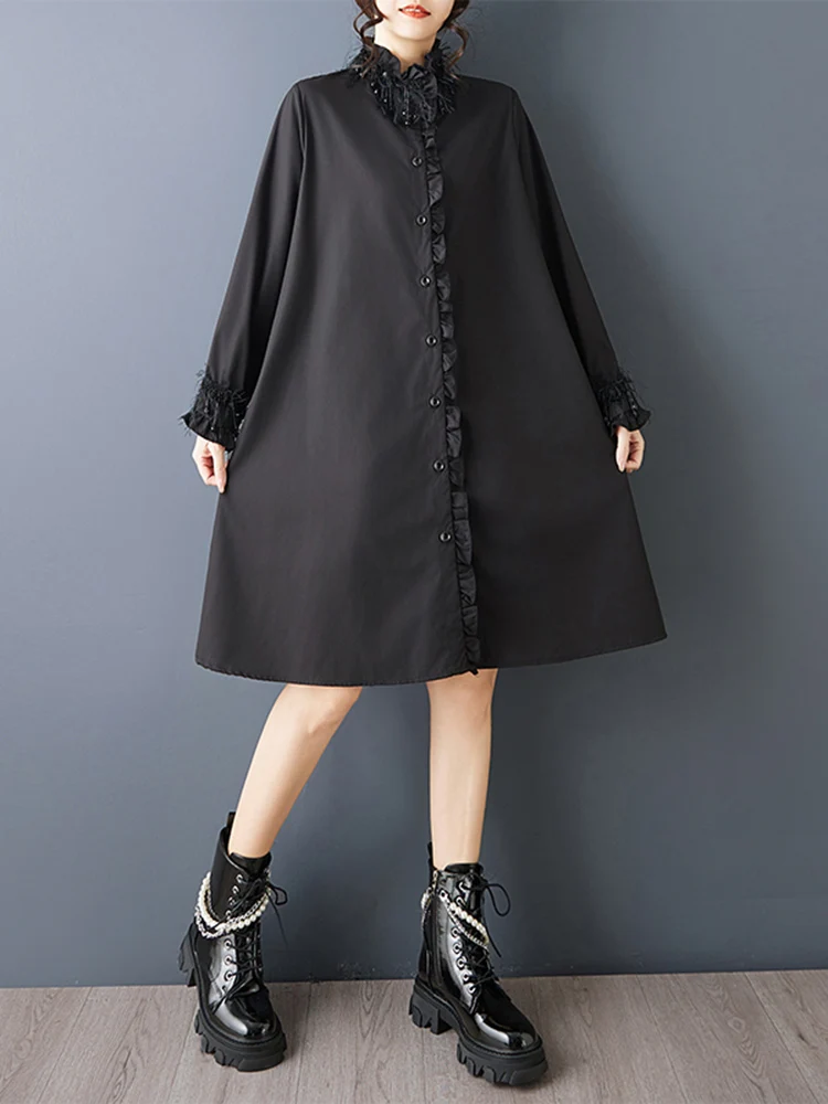 Oversized Black Vintage Shirt Dresses For Women Stand Collar Long Sleeve Loose Casual Dress Elegant Clothing Spring Autumn 2025