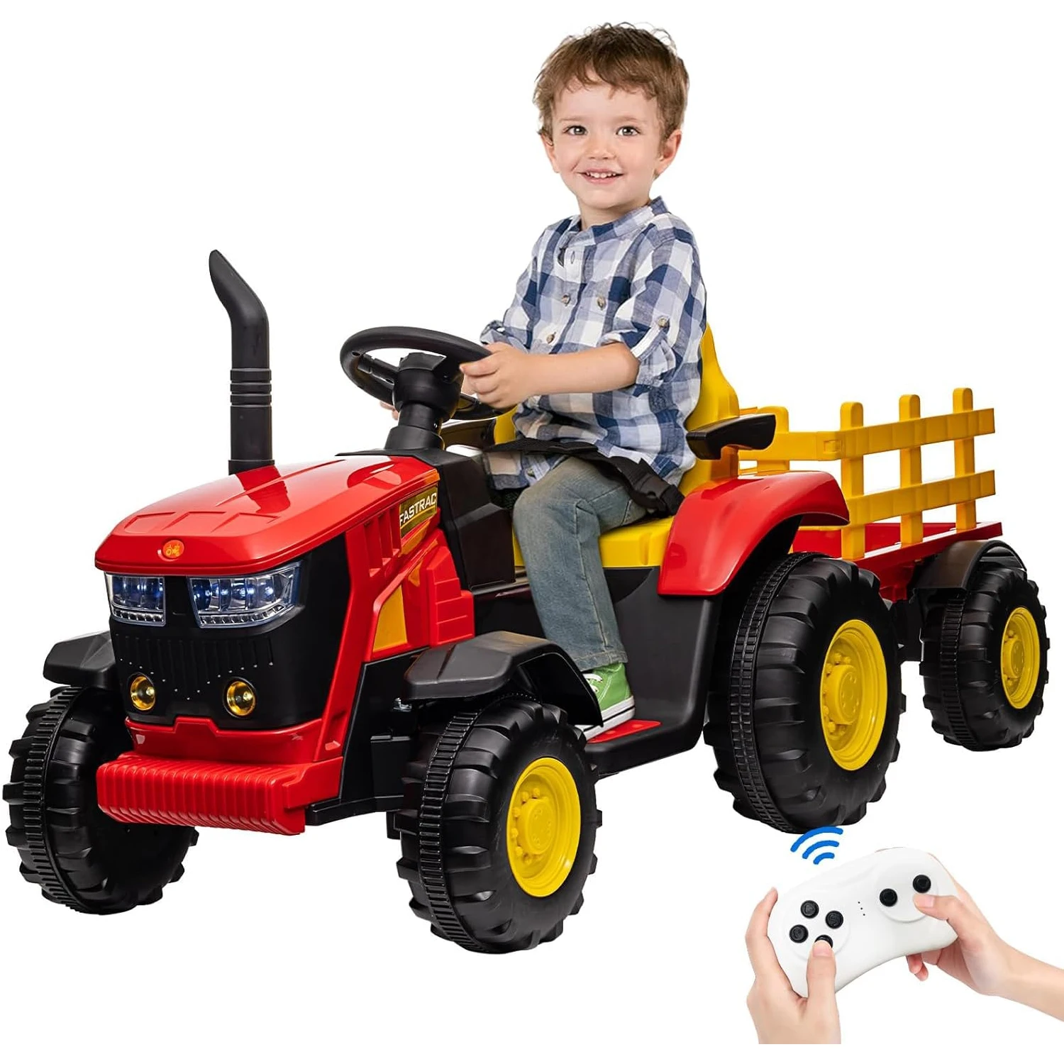 Jouets de tracteur pour enfants, avec télécommande, double moteur 35W, remorque détachable, ceinture de sécurité musicale Bluetooth et 7 lumières LED