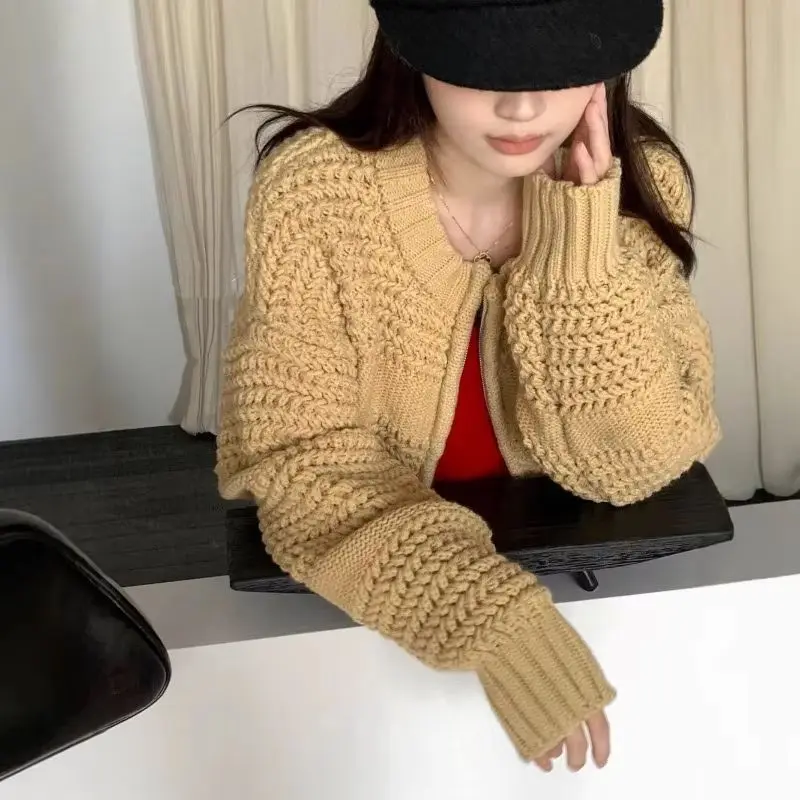 

Retro Heavy Industry Coarse Knitted Sweater Jacket for Women in Autumn and Winter Loose and Thick Warm Zipper Knitted Cardigan