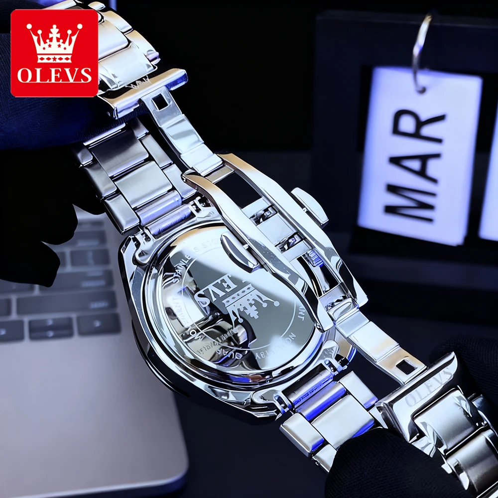 ساعات OLEVS الفاخرة للرجال من الفولاذ الناعم، ساعة يد كوارتز أصلية للرجال مقاومة للماء، كرونوغراف لمرحلة القمر