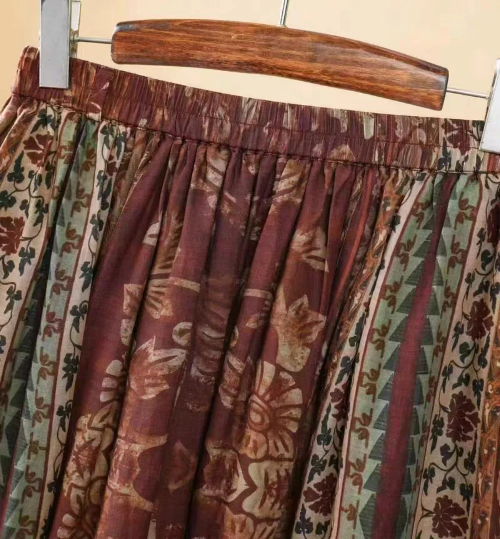 New Bohemia women's skirts 100% ramie loose print elastic waist plus-size summer skirt beach vacation