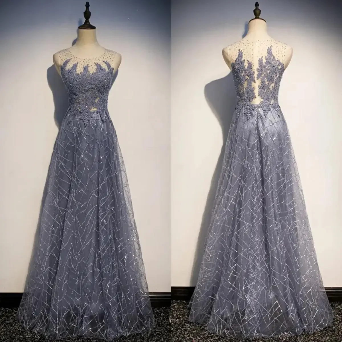 

Evening Dresses Haze Blue Sequins Crystal Appliques O-neck Sleeveless A-line Floor Length Plus size Women Party Formal Gown