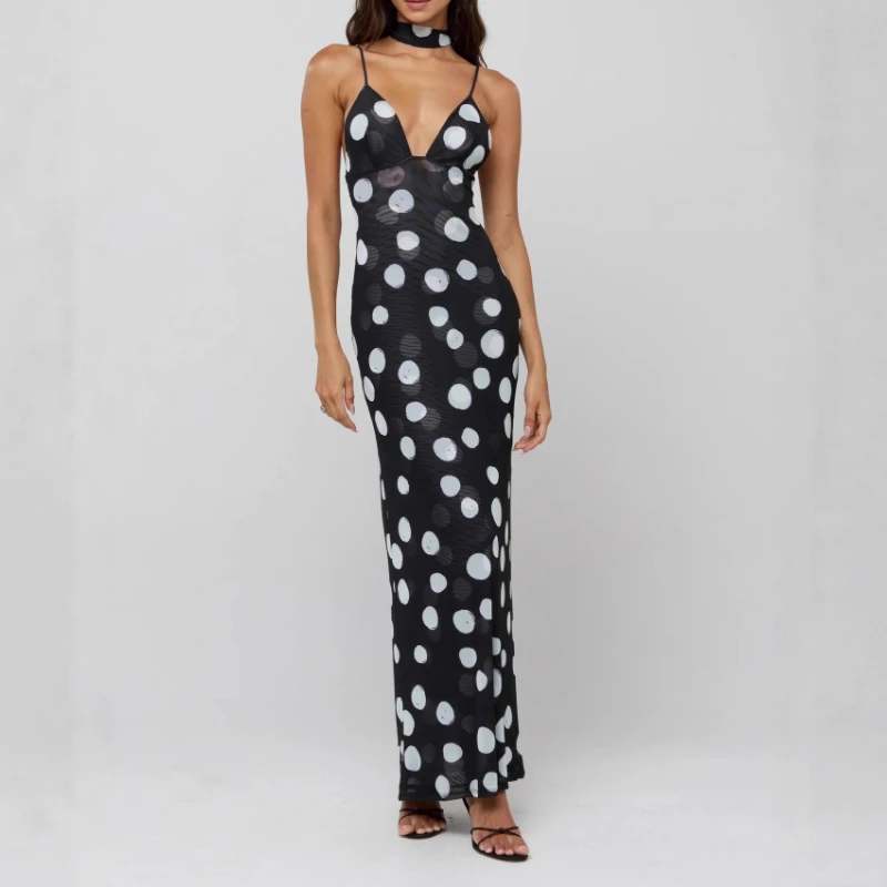 

Elegant Polka Dot Spaghetti Straps V-Neck Sleeveless Suspender High Waist Slim Maxi Long Dress Evening Gown Party Dress Beach
