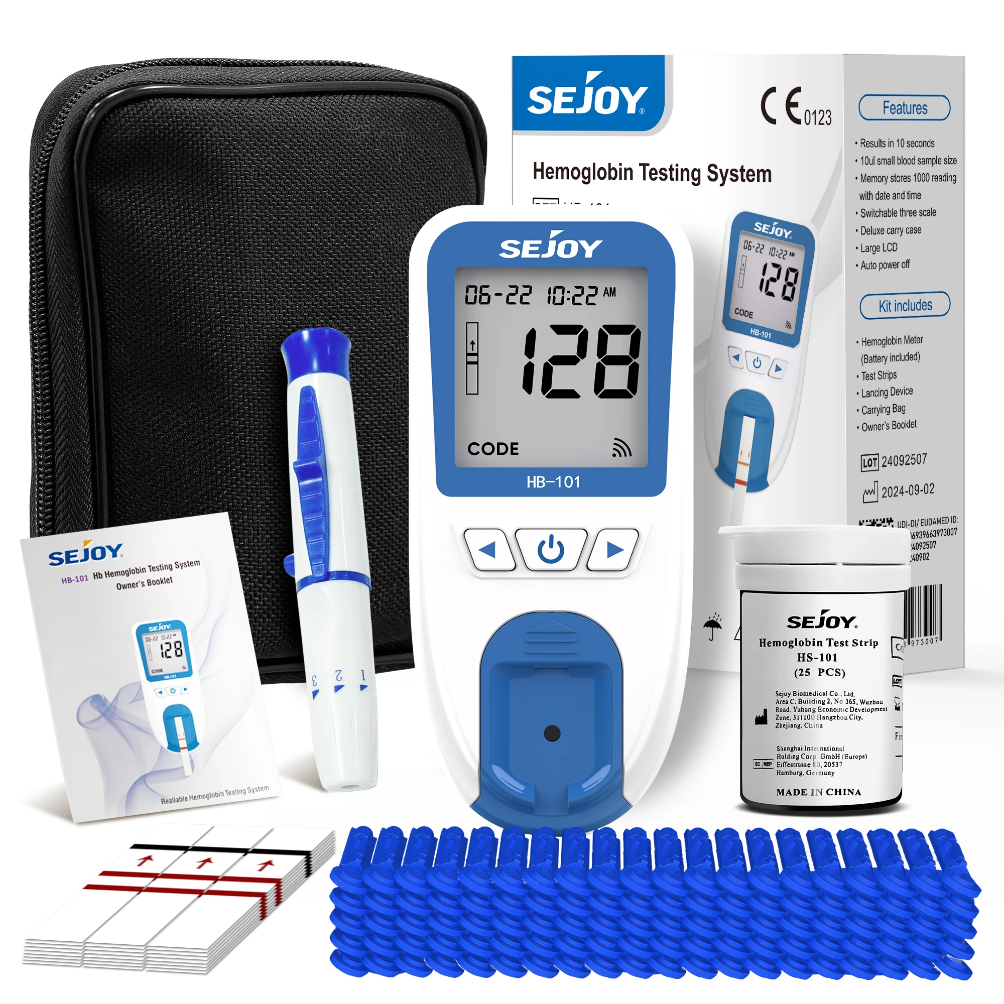 Analyseur d'hémoglobine médical Sejoy, moniteur d'anémie pour HB et HCT, 25 bandelettes de test et aiguilles, moniteur de test d'hémoglobine, bandelettes de test vendues séparément