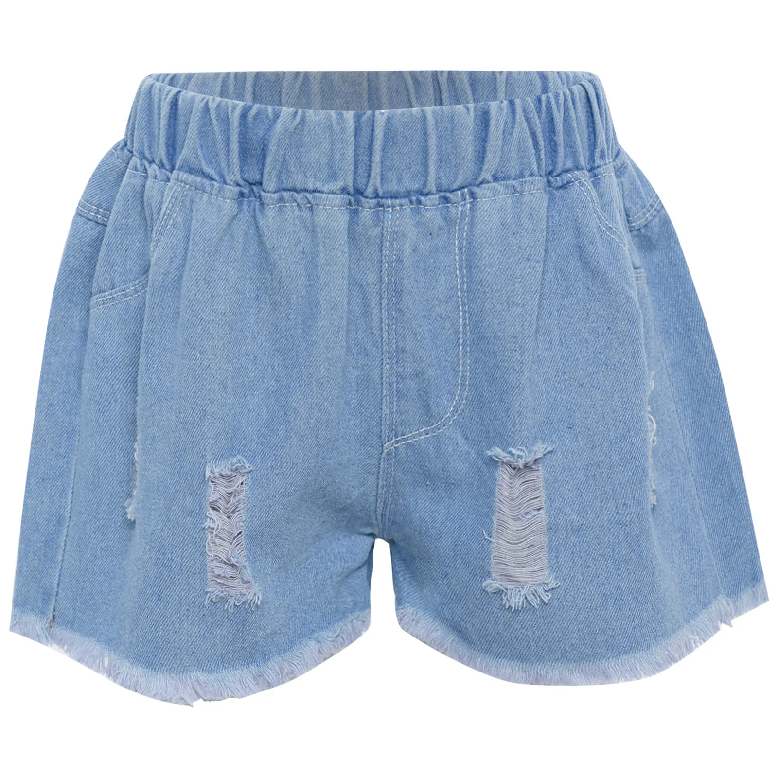 

Summer Denim Shorts Kids Girls Ripped Raw Hem Elastic Waistband Short Pants for Vacation Beach Children Fashion Casual Jeans
