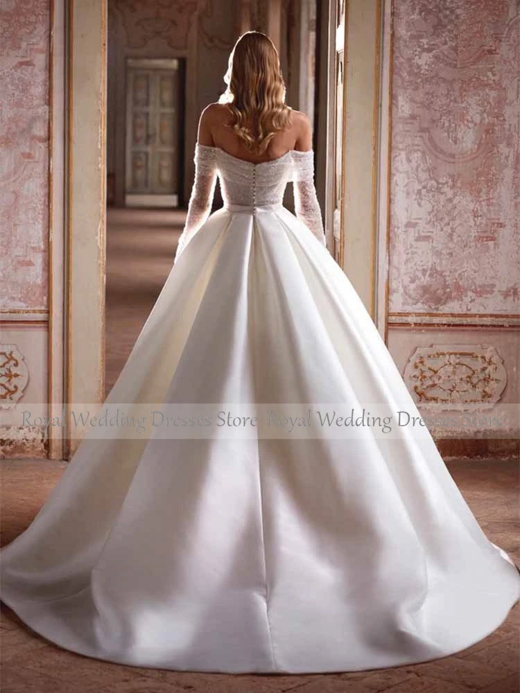 Luxury Wedding Dress Ivory Satin Off the Shoulder Long Sleeves  Gowns for Women Backless Pockets Elegant Bridal Dresses