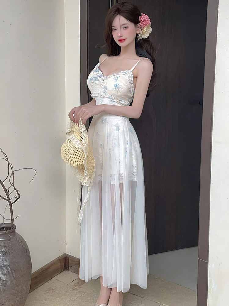 2025 موضة جديدة الجاكار المرقعة شبكة ماكسي فساتين الصيف أنيقة Bodycon فستان بكتافة غير رسمية المرأة الكورية نمط الشاطئ فساتين