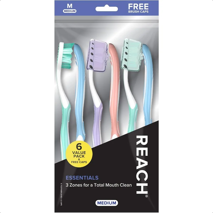

Reach Essentials Toothbrush with Toothbrush Covers MultiAngled Medium Bristles Contoured Handle Tongue Scraper 6 Count