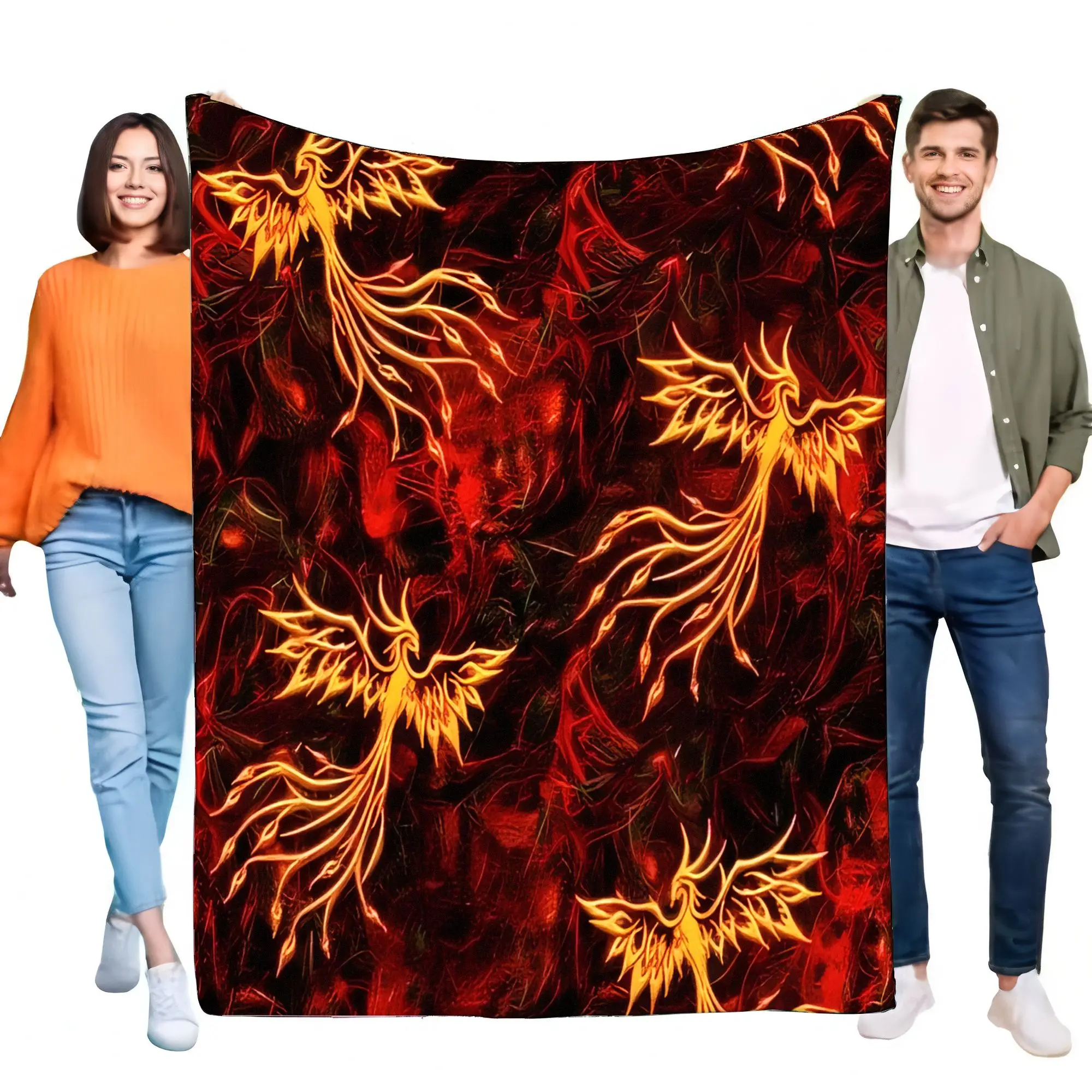 Golden Phoenix Fire Blanket Ultra Soft Flannel Cozy Bed Sofa Couch Throw Mythical Fiery Golden Bird Pattern Warm Lightweight Hom