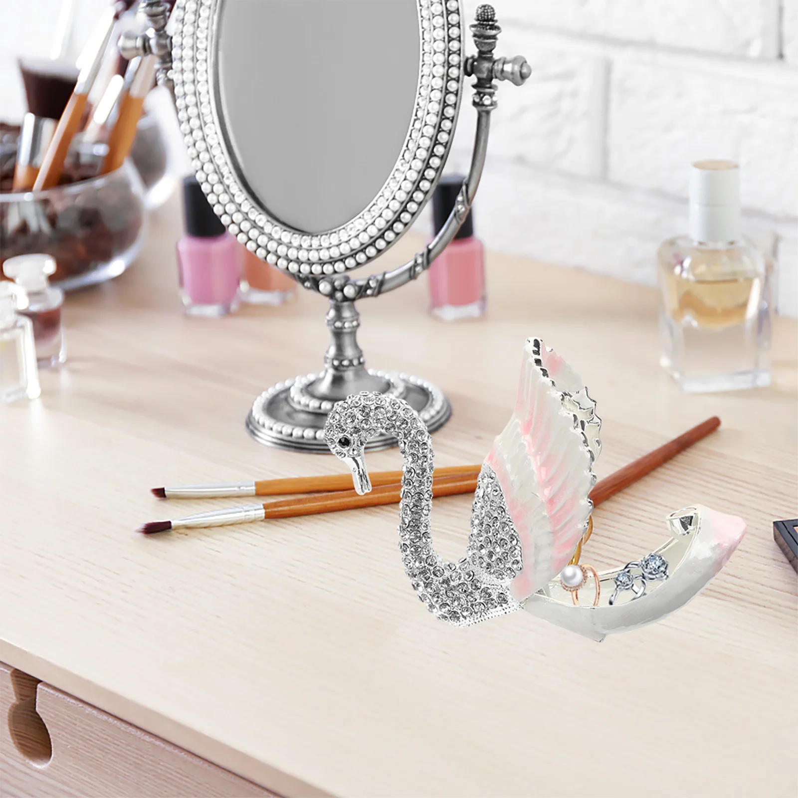 Unique Swan Jewelry Box Alloy Swan Statue Design Multi-Functional Ring Necklace Organizer Rhinestone Inlaid Jewelry Holder