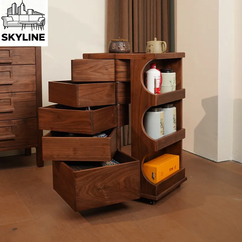 Black walnut solid wood mobile cabinet, bedside cabinet, rotating Wenwan jewelry storage chest