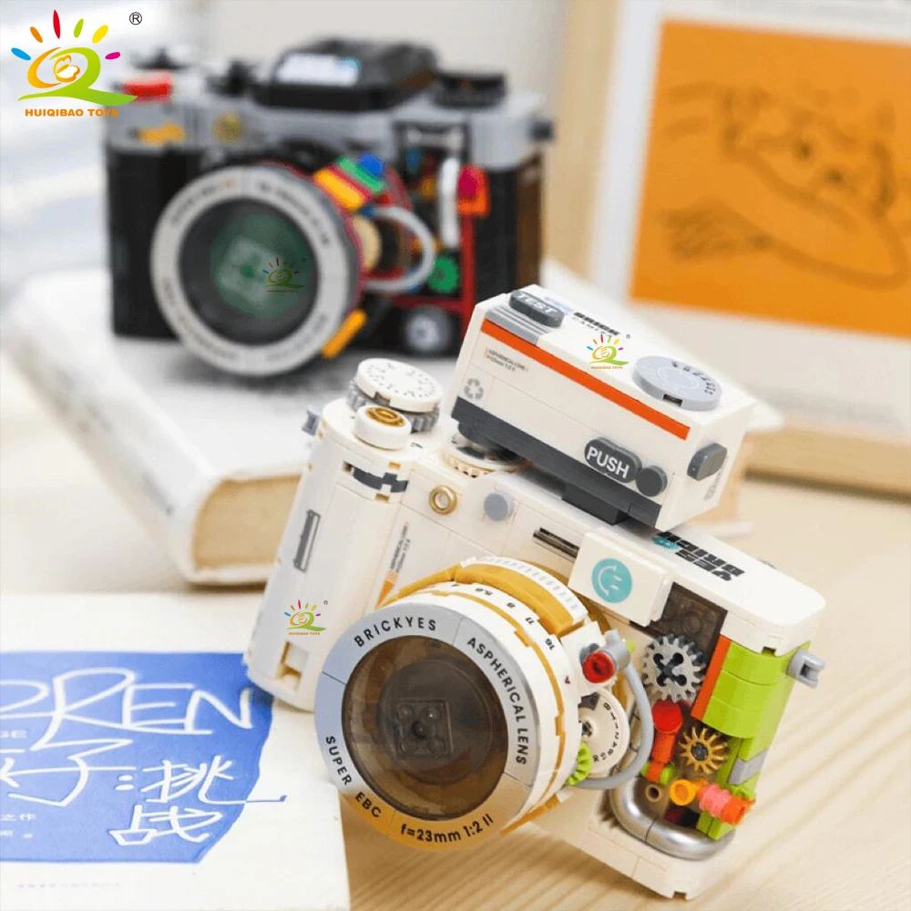 HUIQIBAO Simulation Retro Camera Model Micro Building Blocks Mini Bricks Assemble Children Toys Desk Home Decoration Kids Gift