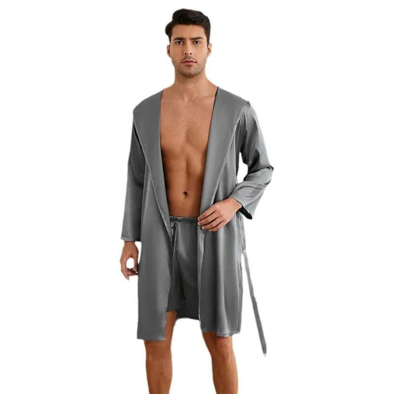 New Men's Robe Shorts Suit Two Piece Pajamas Sleepwear Loose Casual Hooded Bathrobe Gown Loungewear Ice Silk Homewear Lingerie view 4