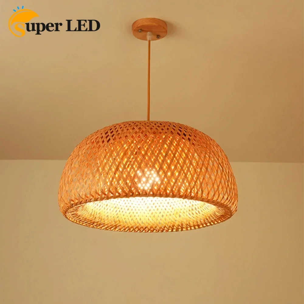 

Chinese Vintage Handmade Wooden Round Bamboo Lamp Multiple Shapes Chandelier for Restaurant Indoor