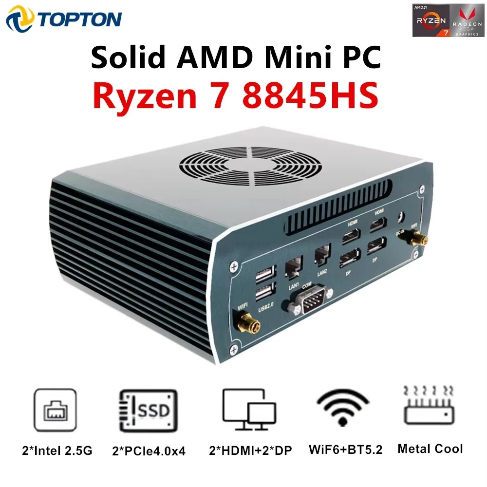 Solider lüfterloser Lüfter Mini-PC AMD Ryzen 7 8845HS 2 * Intel 2,5G 2 * DDR5 2 * NVME Firewall Router Gaming-Computer Windows 11 4x8K WiFi6