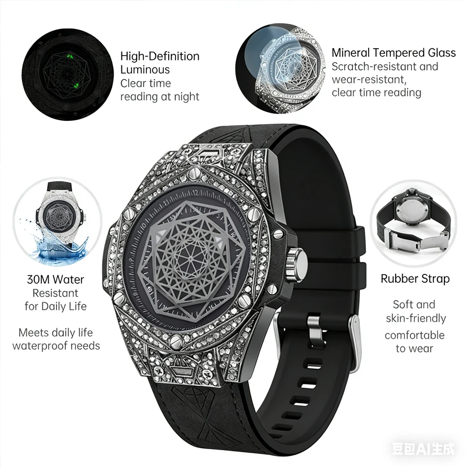 أعلى العلامة التجارية ساعة كوارتز رجالية Tonneau الهيكل العظمي الميكانيكية تصميم 30 متر مقاوم للماء الماس التفاصيل ساعة اليد Hombre الساعات العصرية