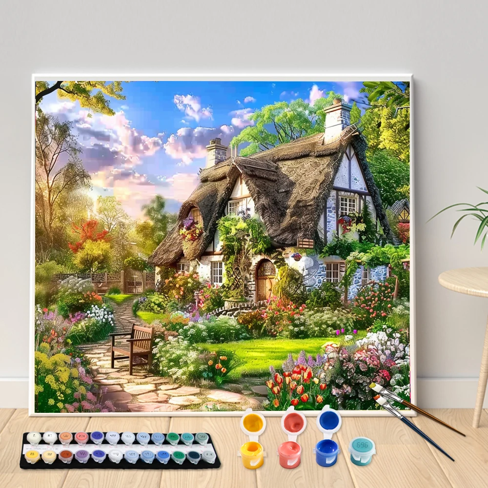 Hand Painting Landscape Country House White Building Flower Painting By Numbers Kit DIY Artwork Canva Art Home Decoration Gift 2