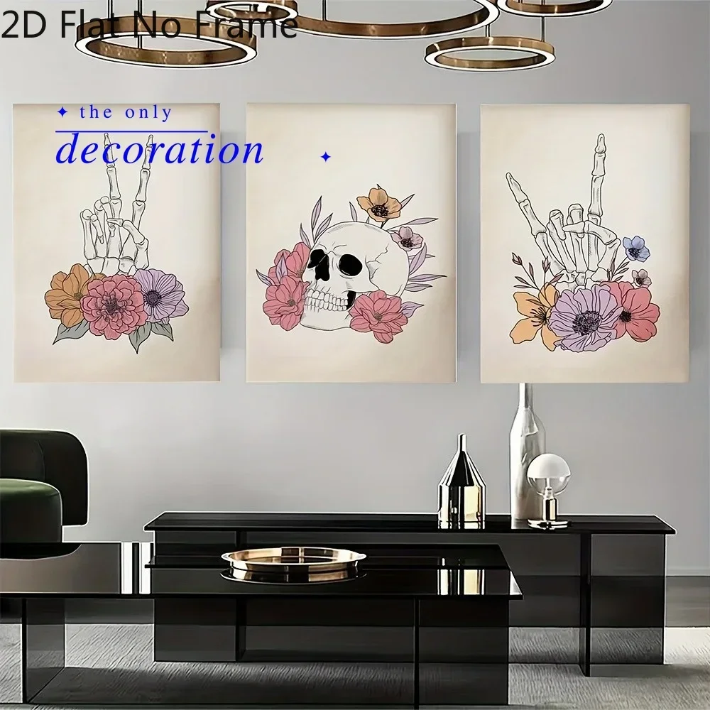 2D Flat, 3pcs Frameless 2DFLAT Floral Gothic Dark Witch Art Decor Canvas Painting, Creative Style Wall Art Decor, Suitable fo