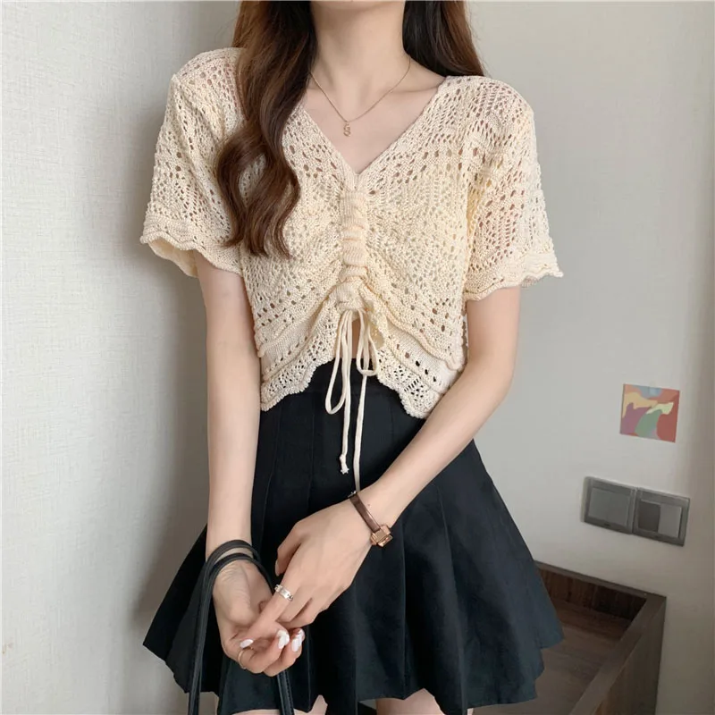 Crochet Knit Top Drawstring Lace-up Hollow Shirt Long Sleeved V-neck Crop Top Solid Hotsweet Women Korean Reviews Many Clothes