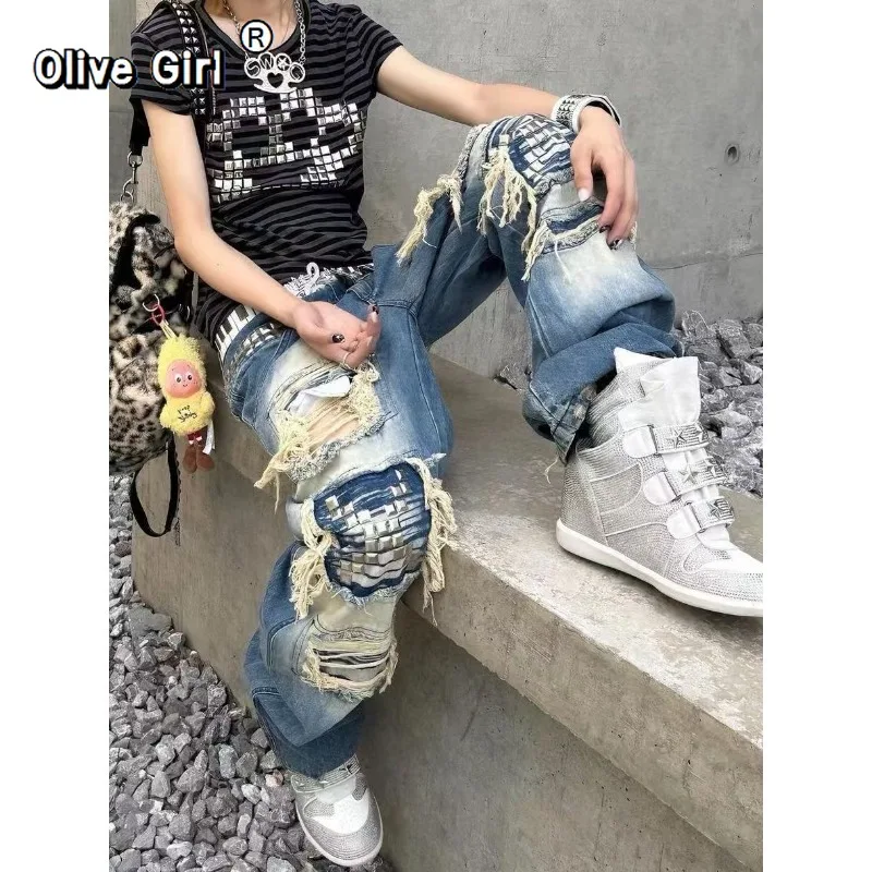 Olivegirl Summer Women's Baggy Jean Grunge Hole Ripped Denim Pants Y2K Japanese Abi Harajuku 2000s American Retro Wide Fit Punk