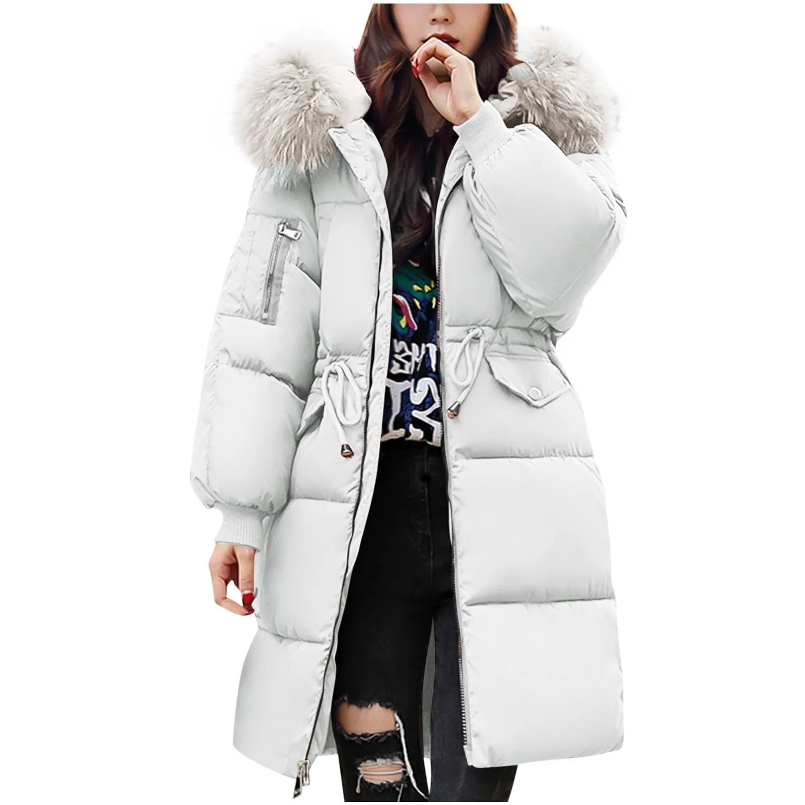 Down Jackets Women\'s Fluffy Hooded Neck Long Loose Parkas Coats Zip-Up High Quality Outdoor Thicken Female Warm Thermal Outwear