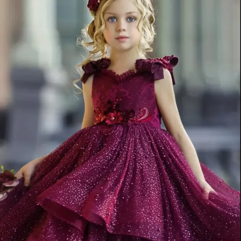 

Burgundy Flower Girl Dresses for Wedding Lace Beads 3D Floral Appliqued Little Girls Pageant Dresses Party Princess Gowns