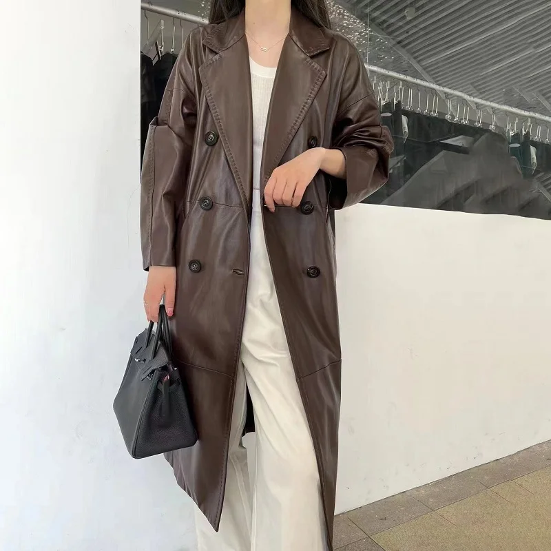 Real Leather Trench Coat Women Fall Winter Sheepskin Suit Collar Double-Breasted Arch Needle Design Loose Long Jaqueta Feminino