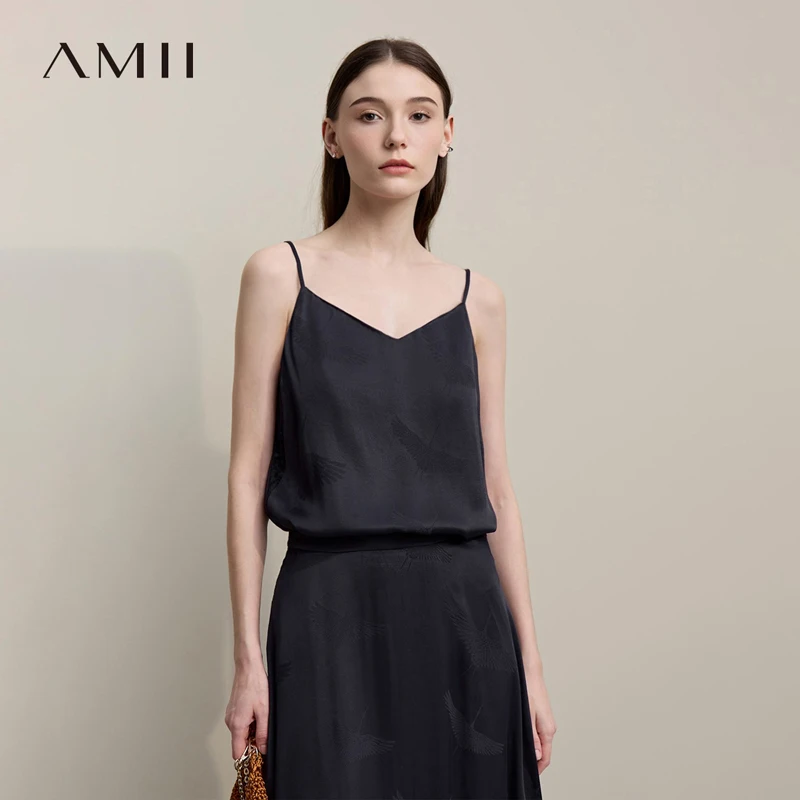 Amii Women's Autumn Top 2026 New Elegant Chinese Style Jacquard Lace Sling Vest V-Neck Straight Casual Ladies Inner Top 12651007