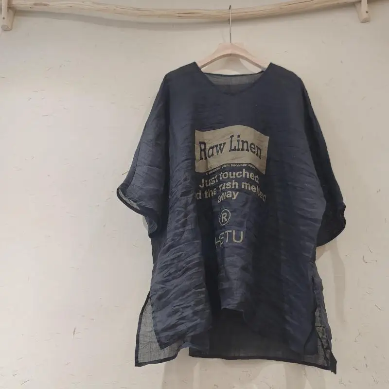 New Arrival 2025 Summer Women Short Sleeve V-neck Loose Long Tee Shirt Femme Tops Letter Print Ramie T-shirt High Quality F129