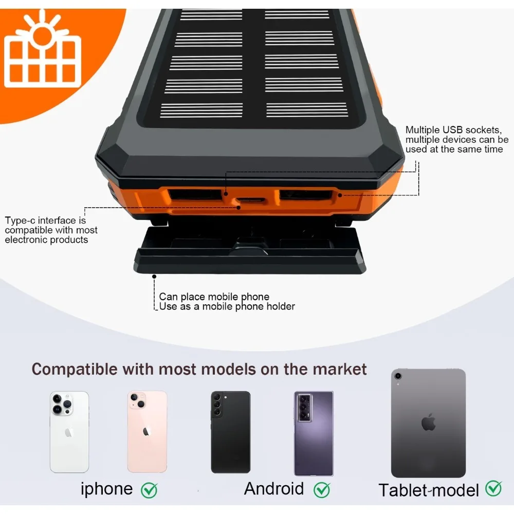 Solar Power Bank10000/20000MAH Portable Fast, Equipped with 4 Dual USB Ports And Type-C/Micro USB Input Ports, Built-in 2.4W LED Flashlight/compass, Suitable for All Mobile Devices, Travel And Camping Backup Power, Practical Gift for Boyfriend view 6
