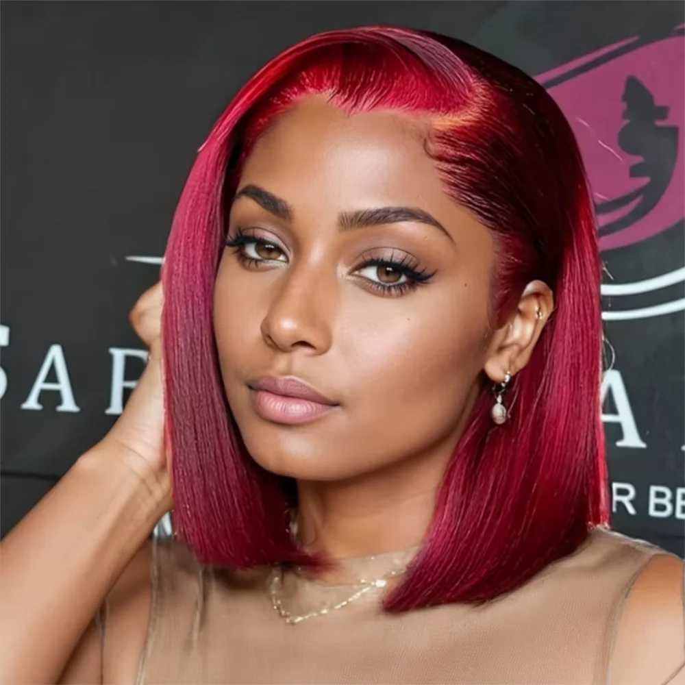 Peluca corta tipo bob 99J color burdeos con encaje frontal 13X4 HD, lisa, pre-arrancada, con cabello de bebé, densidad 220, de 8 a 14 pulgadas, color rojo vino, para damas.