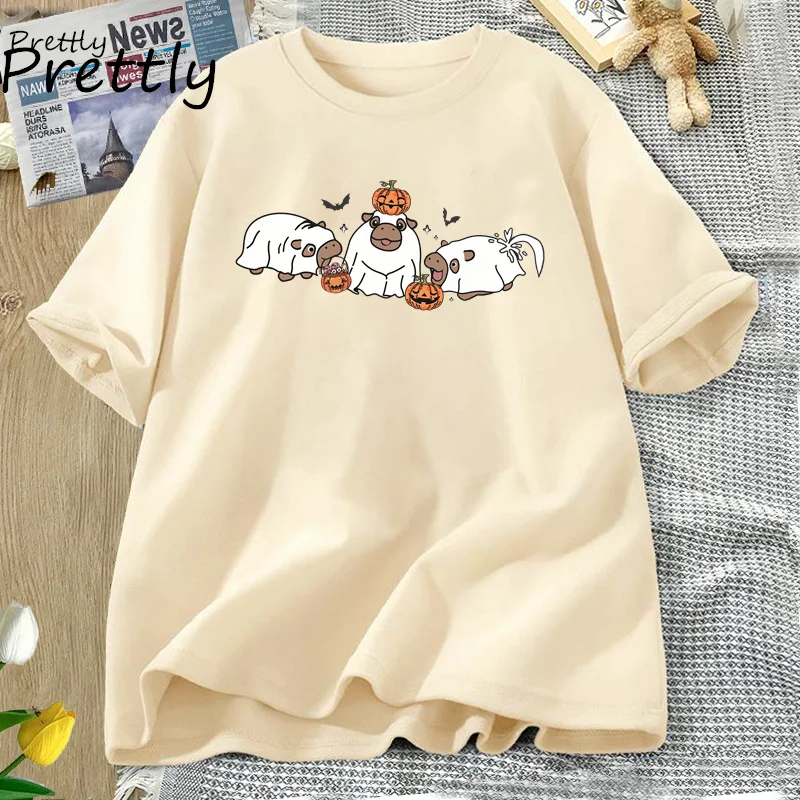 Moo Deng Baby Pygmy Hippo T-shirt Halloween Trendy Pumkin Funny Tshirt Fall Cotton Short Sleeve T Shirt Women's Clothing