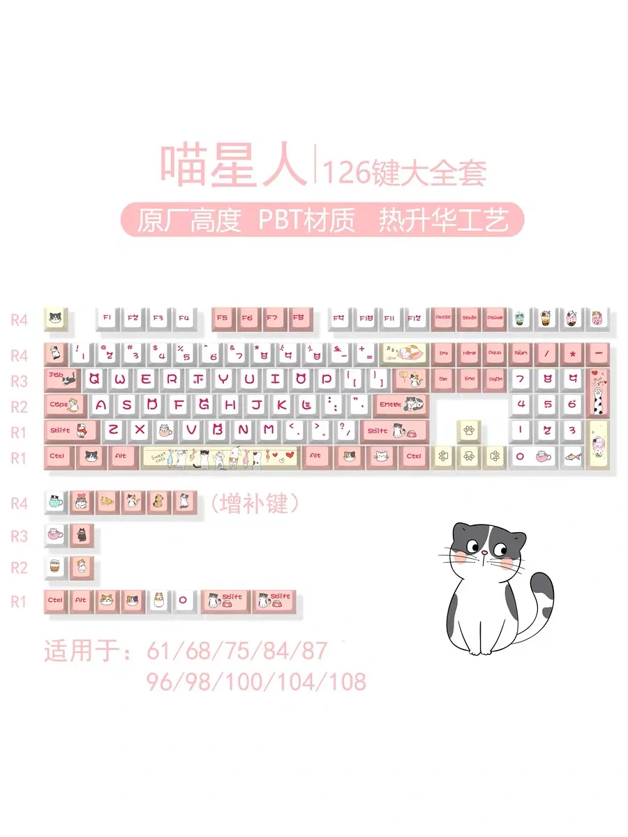 126 keys Chreey Keycap Pink Meow Theme Key Cap PBT Cat Design with 5-sided Dye Sublimation 64 68 75 84 87 98 108