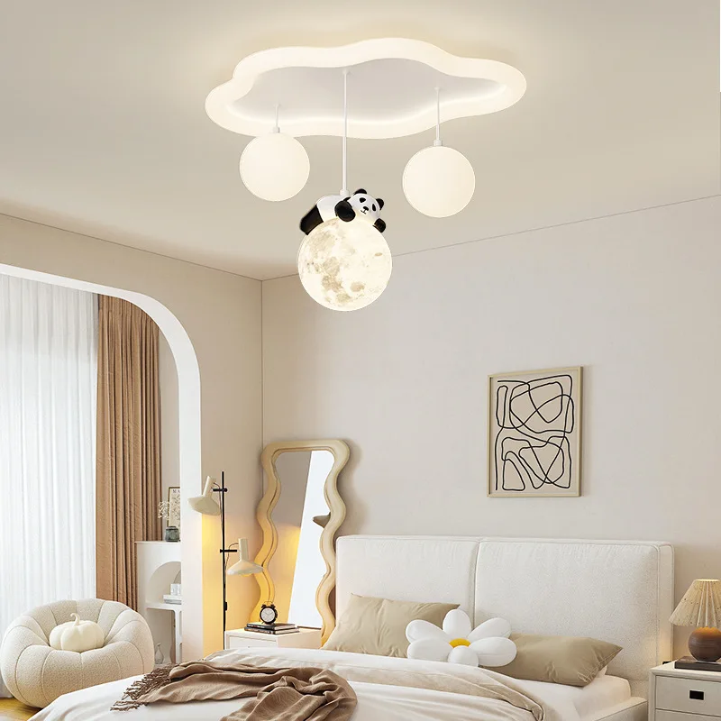 Cream Resin Panda LED Ceiling Lamps Modern Cartoon Ball Decorative Children's Room Bedroom Study Hotel White Lighting Fixtures