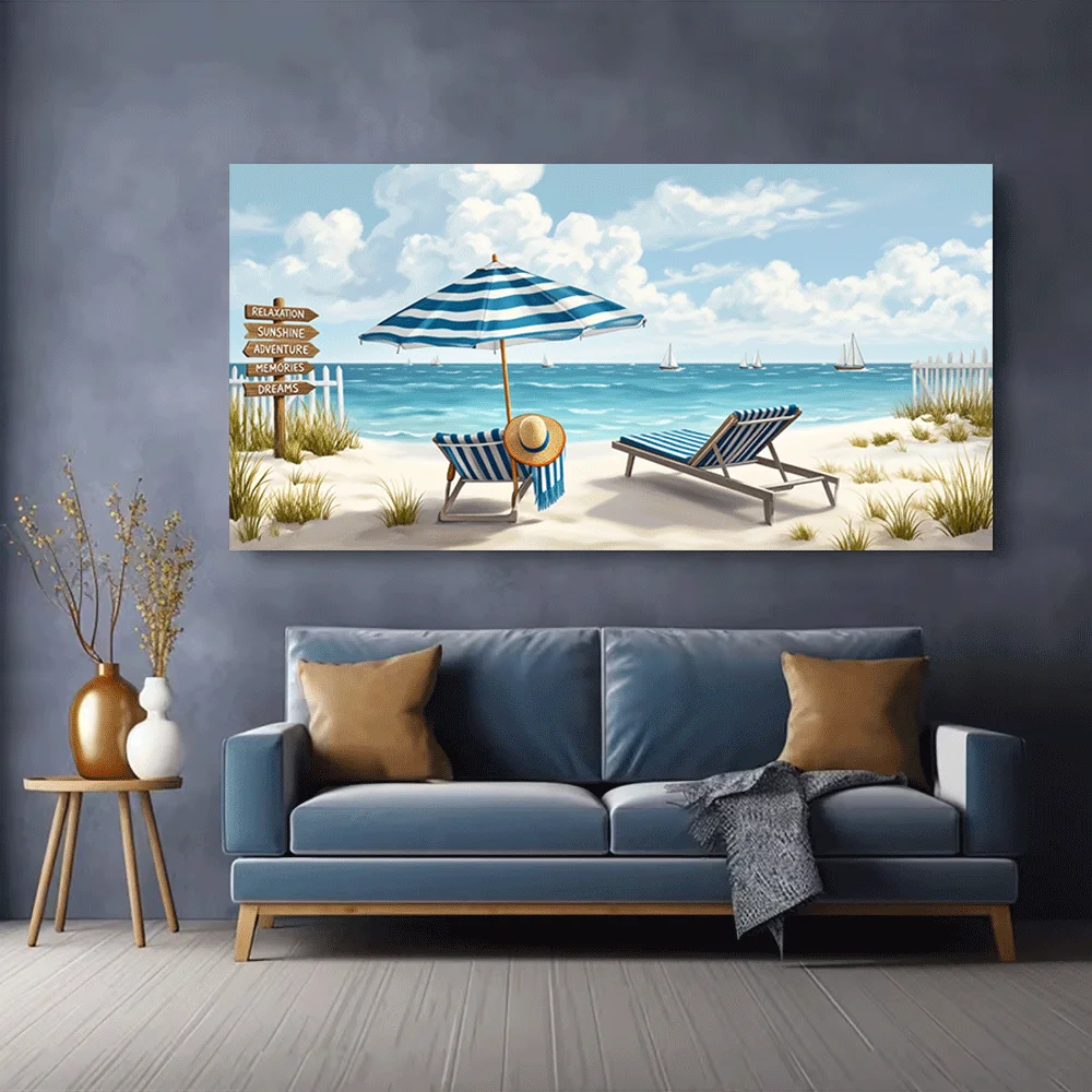 1PC-Canvas poster Unframed Beach Scene, Striped Umbrella, Lounge Chairs, Sailboats, Ocean Relaxing Sunshine Scenery
