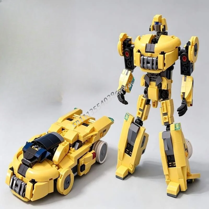 548Parts Deformable Yellow Mecha Robot MOC Building Bricks Model DIY Assembly Sci-Fi Warrior Action Figure Collectible Display