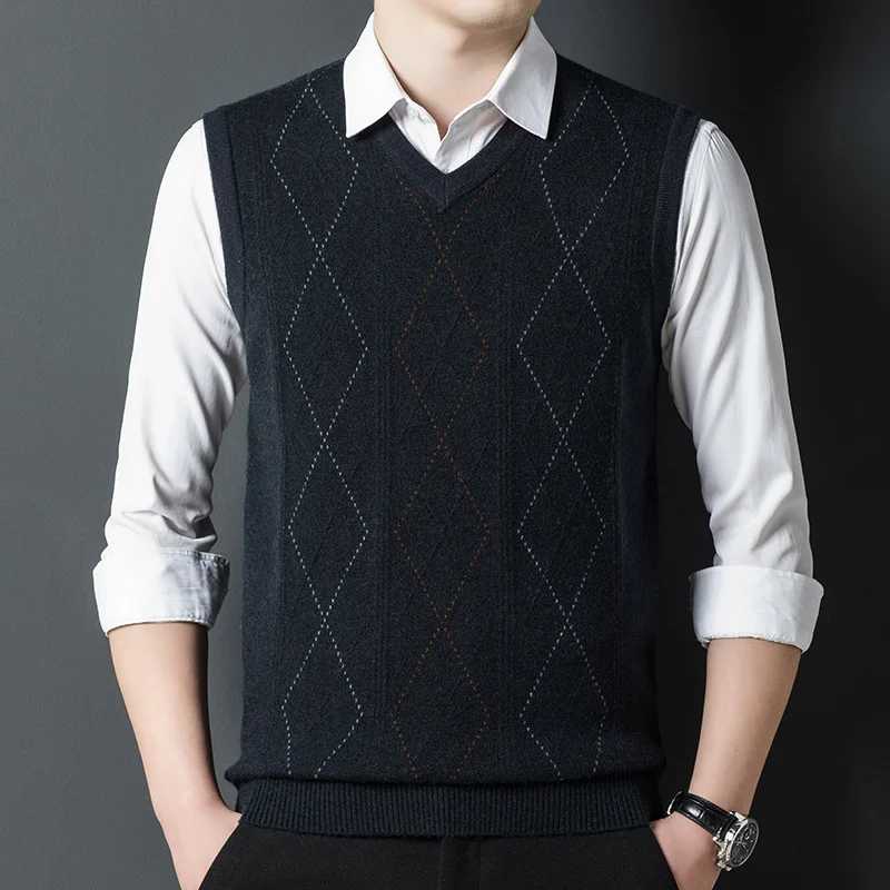 knitted Men's vest V-neck sleeveless sweater warm vest diamond jacquard casual waistcoat