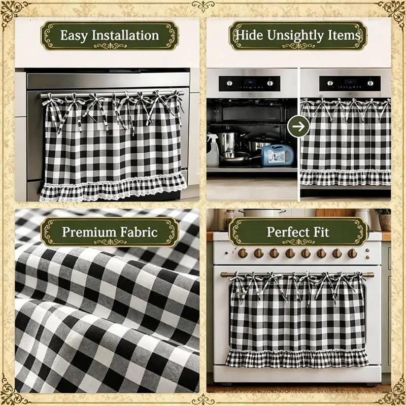 ABLN- Oven Skirt Curtain Handmade For Door Kitchen Dishwasher Heat-Resistant Farmhouse Meadow Style Tie Top Design