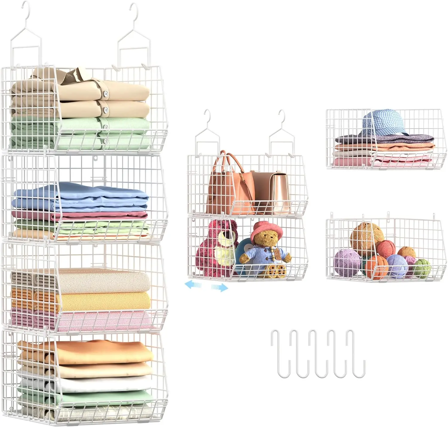 

4-уровневый складной подвесной органайзер для шкафа с 5 S-образными крючками, белая металлическая корзина для хранения