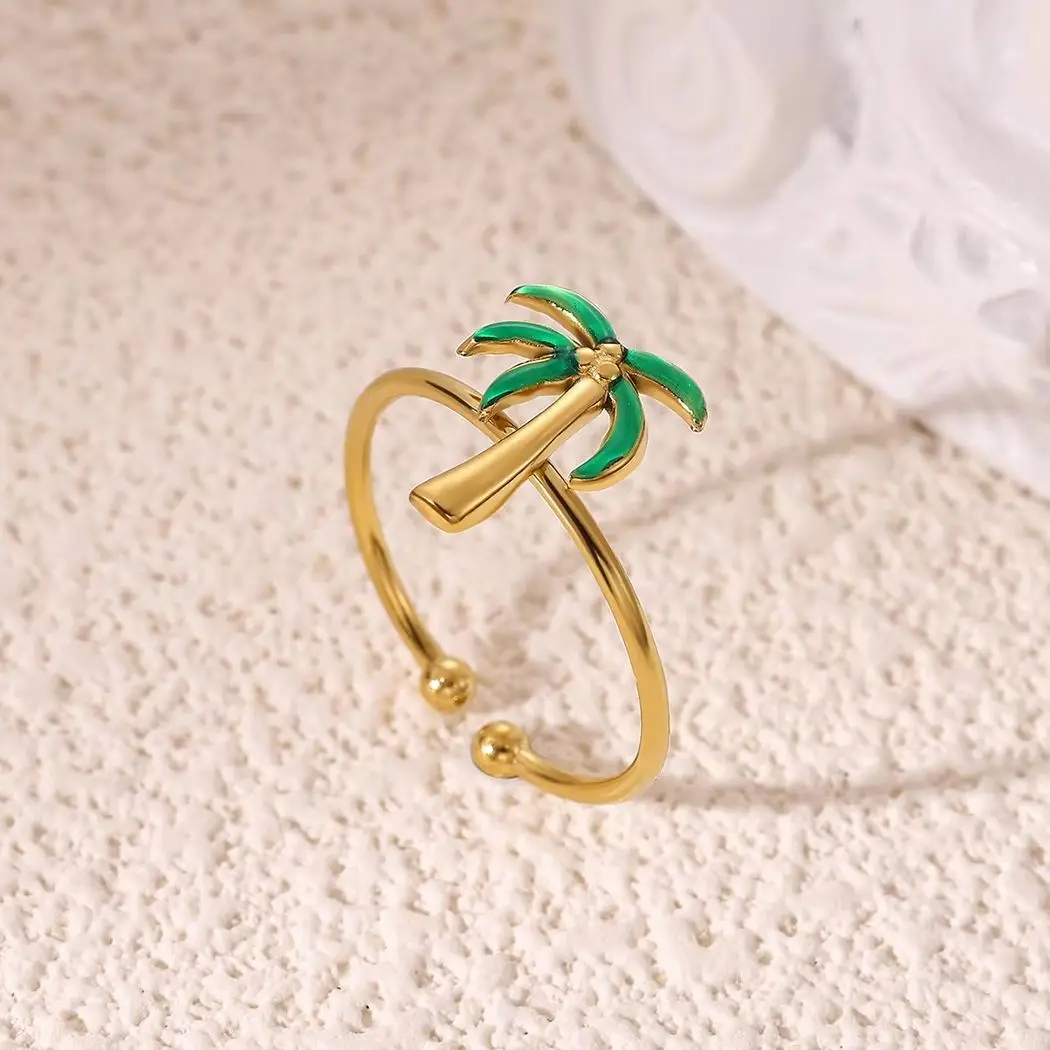Grüner Emaille-Palmenring für Damen, Edelstahl-Palmenring, verstellbar, tropischer Schmuck für den täglichen Gebrauch