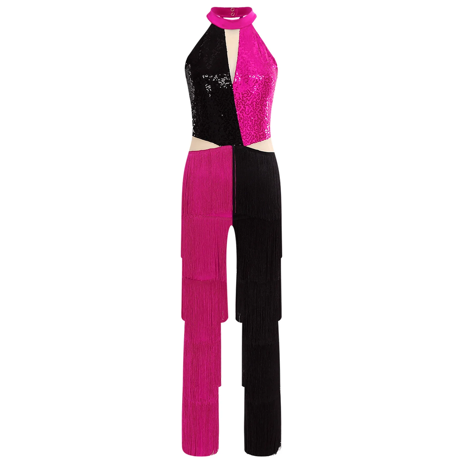 Women Latin Jazz Dancewear Contrast Color Tassel Latin Dance Jumpsuits Tango Cha-Cha Performance Costume Tiered Fringed Leotards