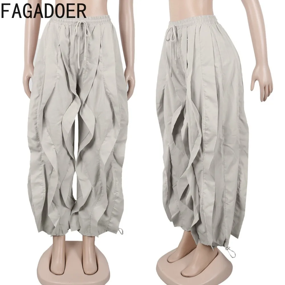 FAGADOER Casual Ruched Patchwork Lantern Sleeve Pants Women High Waist Drawstring Patchwork Pants Female Streetwear Trousers New