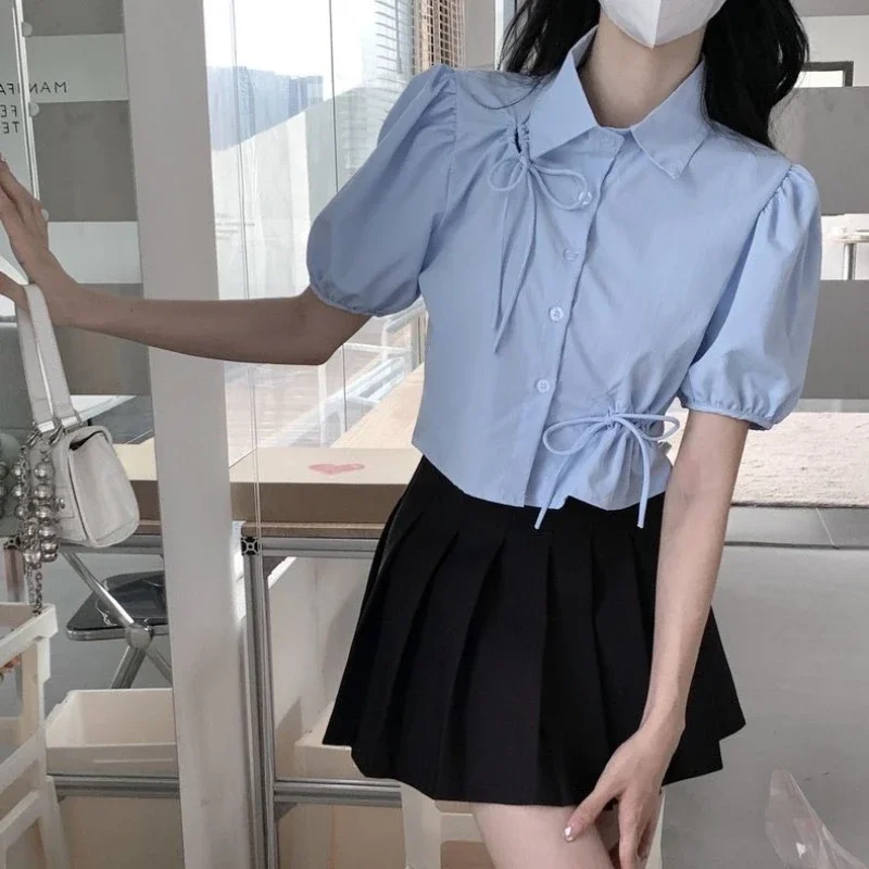 Puff Sleeve Bow Blue Shirt for Women in Summer New Waist-hugging Short Hollow Top