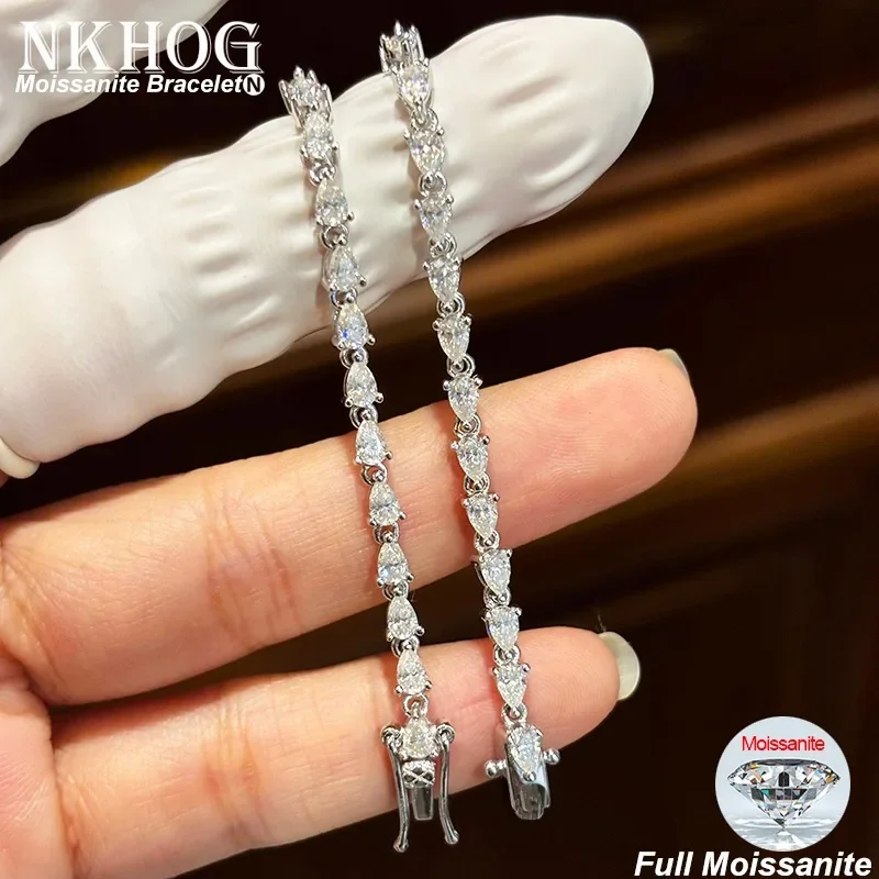 NKHOG Pear Cut Moissanite Bracelets S925 Silver Water Drop D Color Diamond Women Party Wedding Bangle Jewelry Gift GRA Certified