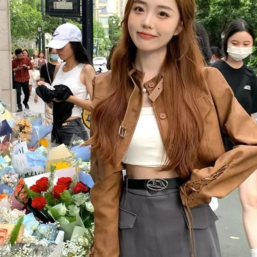 Brown Motorcycle Jaet Women's ort Sle Hong Kong Faion Retro Spring Autumn New Ins Small Size PU Leather Coat Top