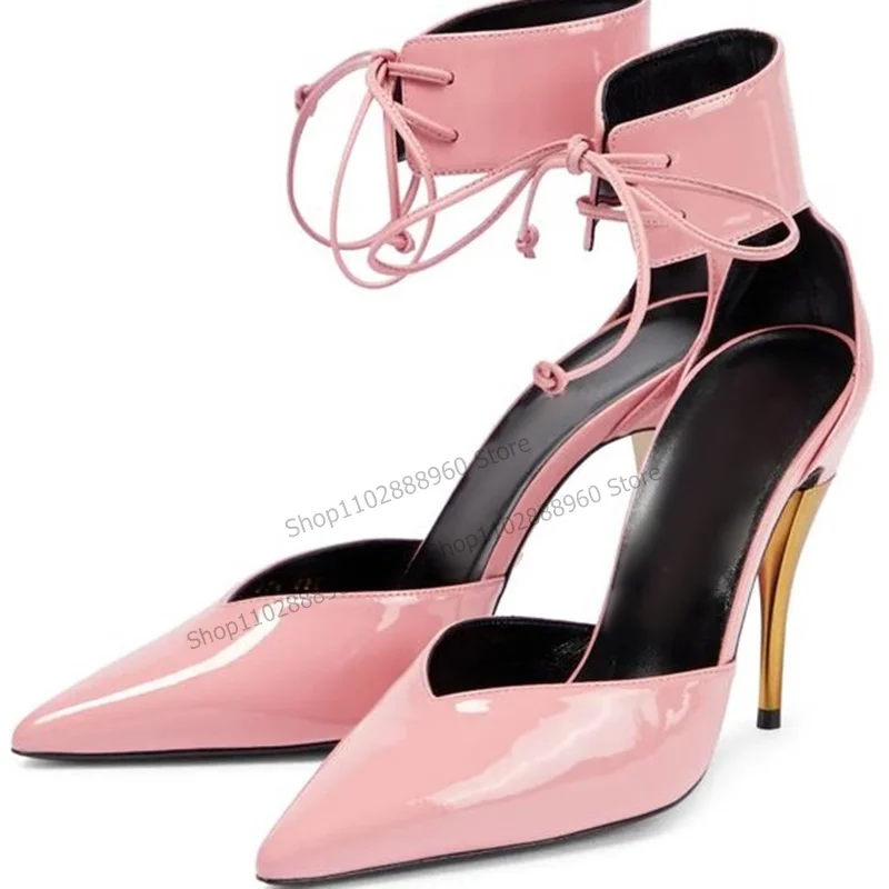 

Cross-Tied Pink Patent Leather Metal Heel Pumps Thin High Heel Women Shoes Pointed Toe 2023 Fashionable Zapatos Para Mujere