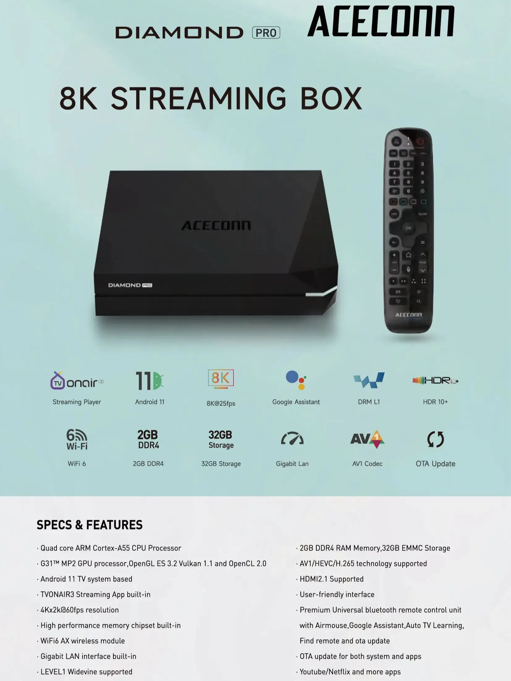 ACECONN Diamond-Pro TV Box IPTV 2GB + 32GB double bande WiFi 6 Bluetooth télécommande vocale bouton de rétro-éclairage HD 4K
