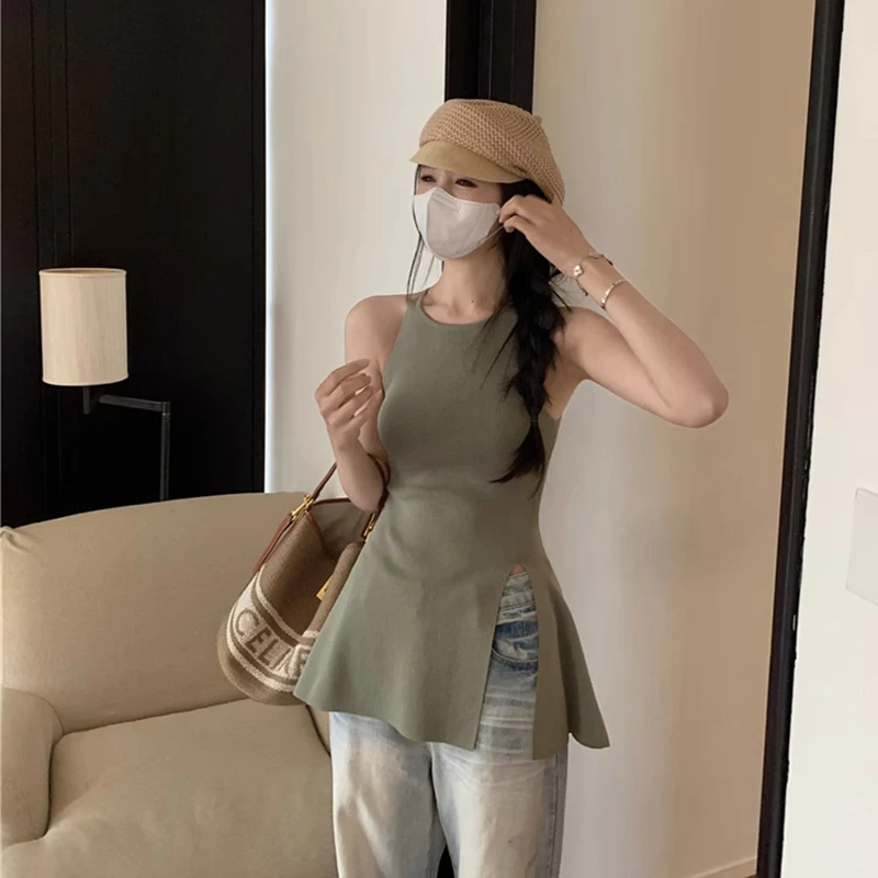 Haut Sexy Fendu pour Femme, Camisole, Blouse Fine, T-shirt Sans Manches, Design Précieux, Été