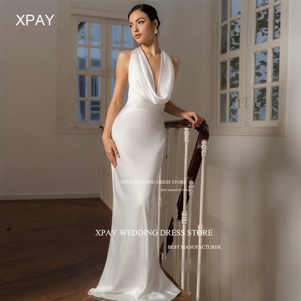 XPAY-Robes de mariée sirène dos nu élégantes, robe de mariée dos nu drapée, robe de mariée en fibre de satin