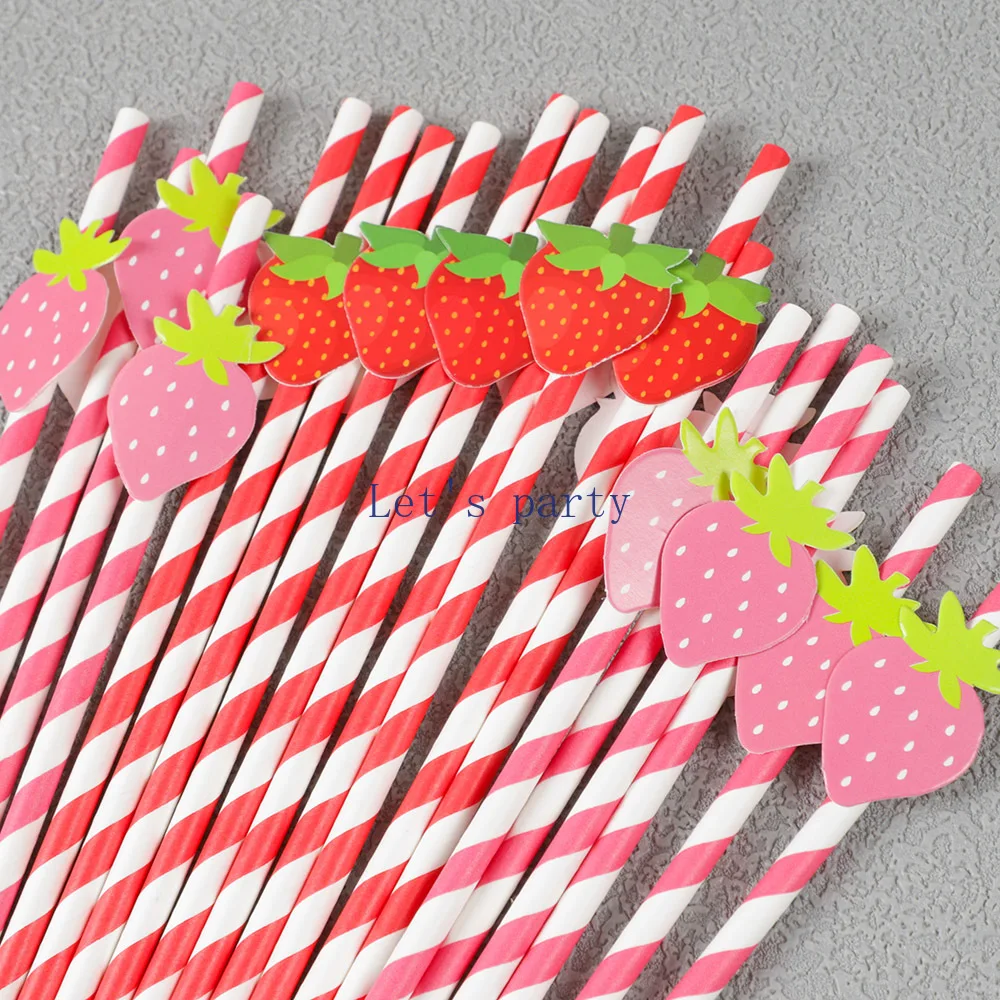 30Pcs Sweet Fruit Strawberry Theme Disposable Paper Straws Bar Drinking Straw for Kids Birthday Baby Shower Party Decoration